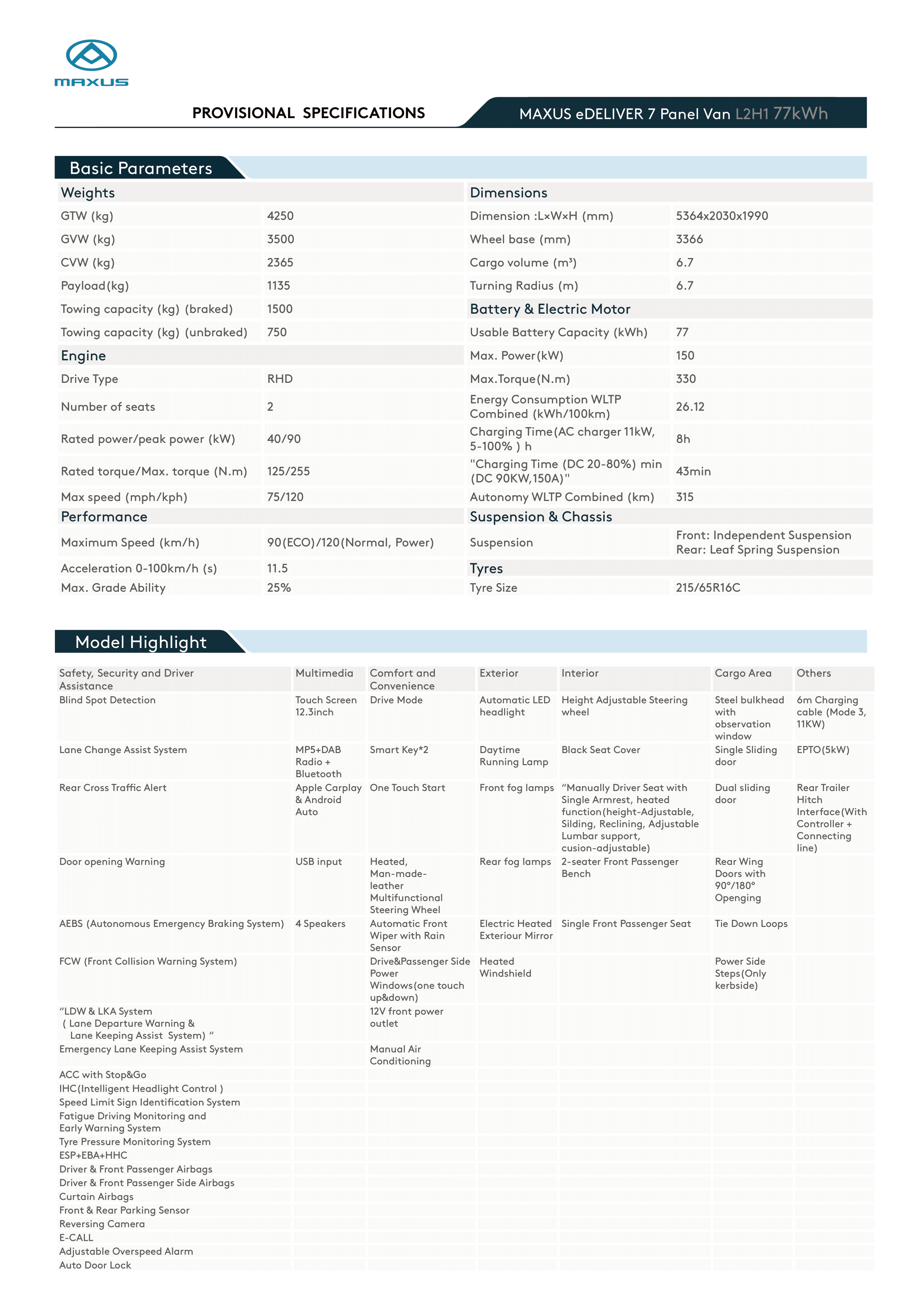 Maxus eDeliver 7 Spec Sheet